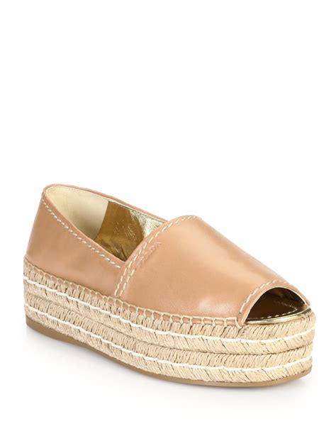 prada leather peep-toe espadrille shoes|prada platform heels.